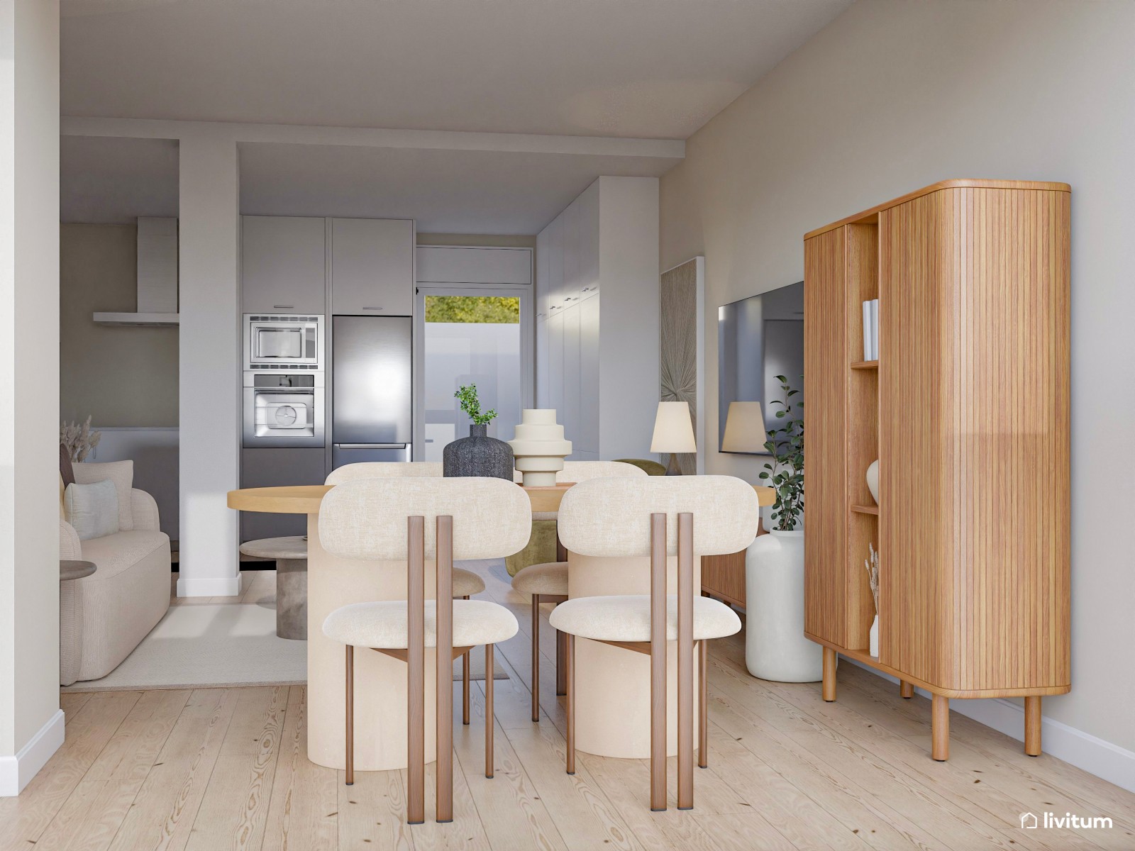 Salón moderno con toques bohemios en madera oscura, textiles claros y acentos grises