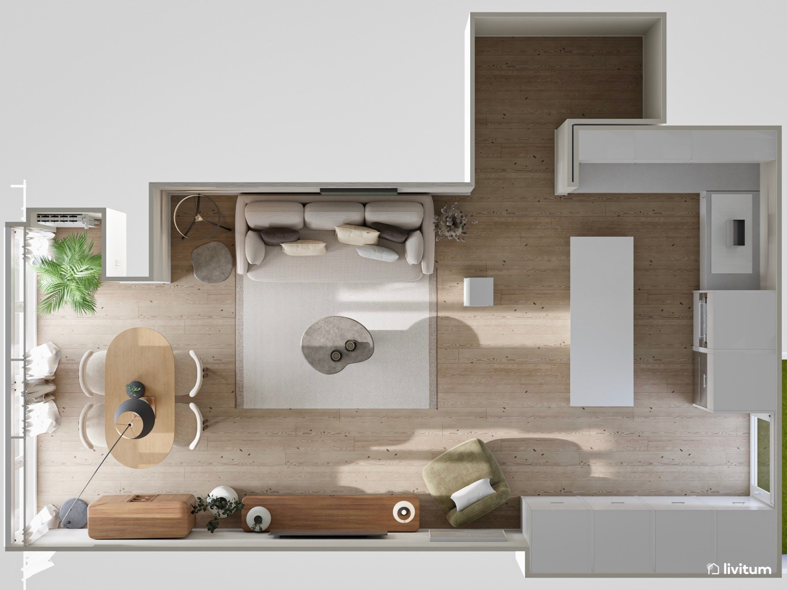 Salón moderno con toques bohemios en madera oscura, textiles claros y acentos grises