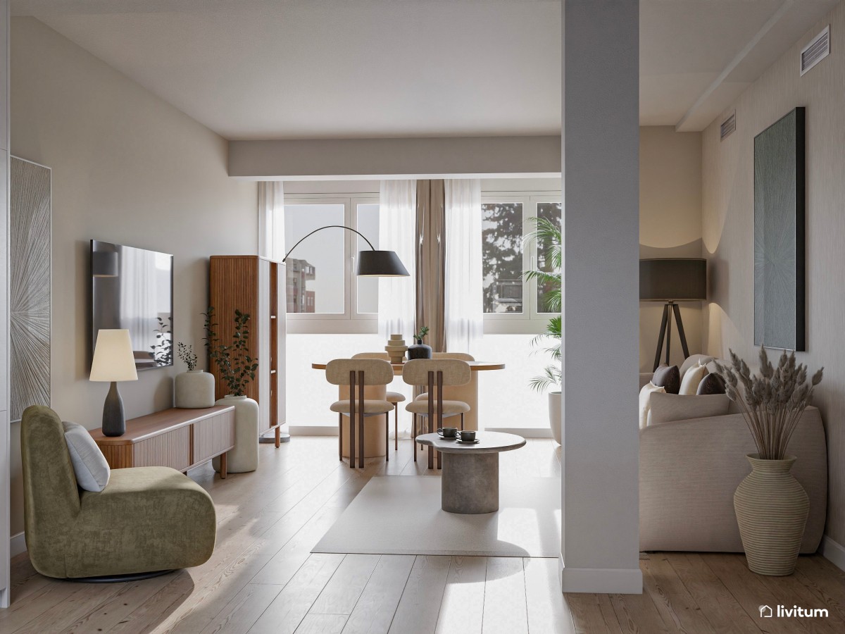 Salón moderno con toques bohemios en madera oscura, textiles claros y acentos grises