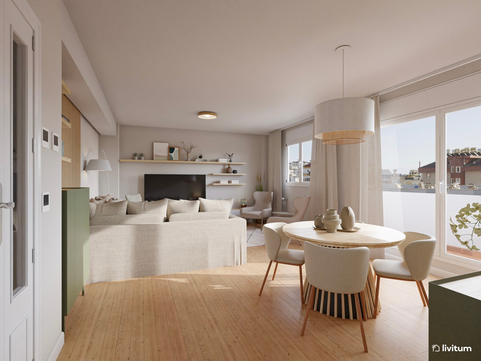 Salón moderno con toques bohemios y piezas en verde salvia