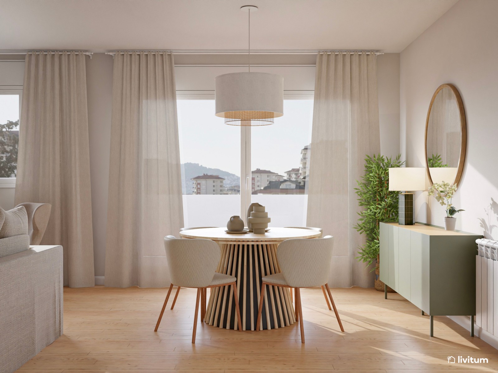 Salón moderno con toques bohemios y piezas en verde salvia