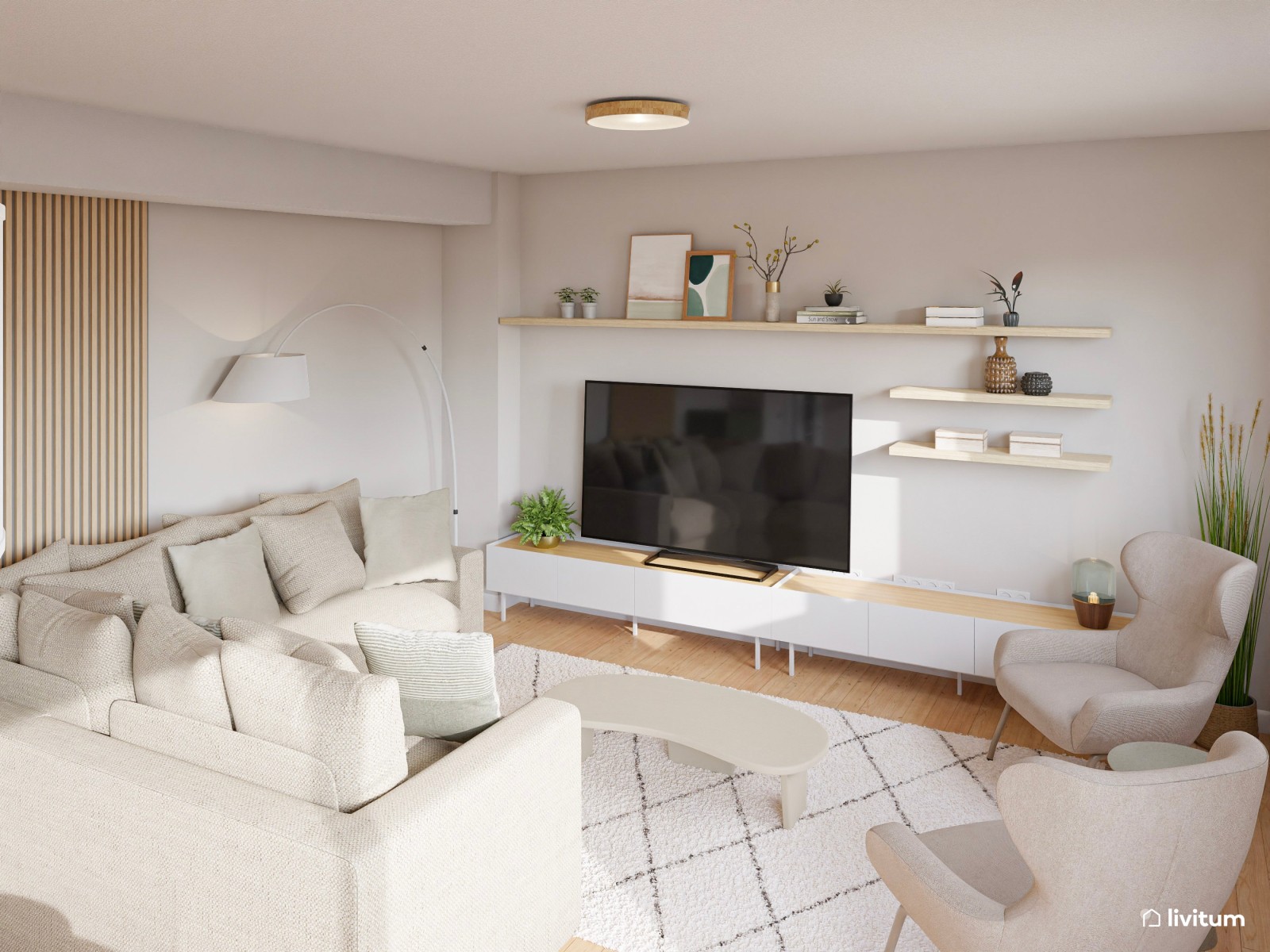 Salón moderno con toques bohemios y piezas en verde salvia