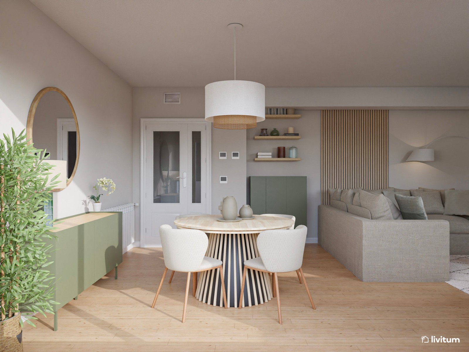 Salón moderno con toques bohemios y piezas en verde salvia