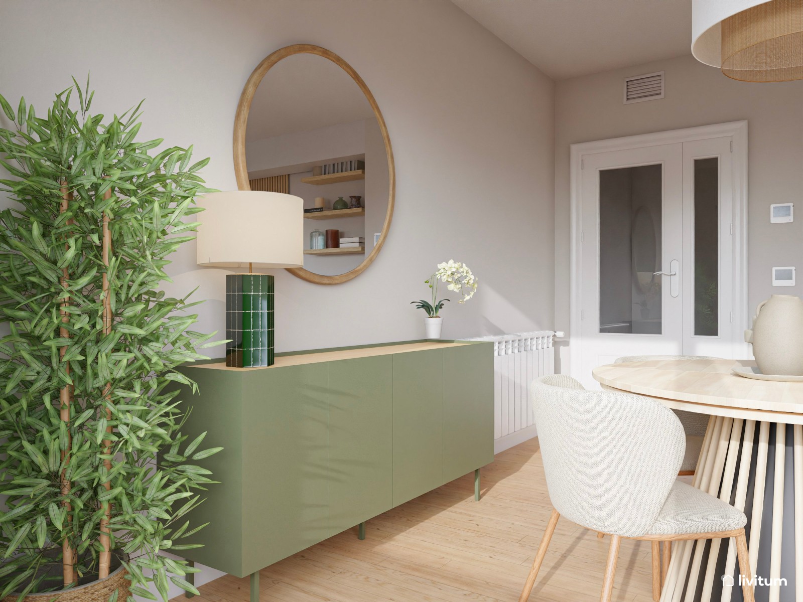 Salón moderno con toques bohemios y piezas en verde salvia