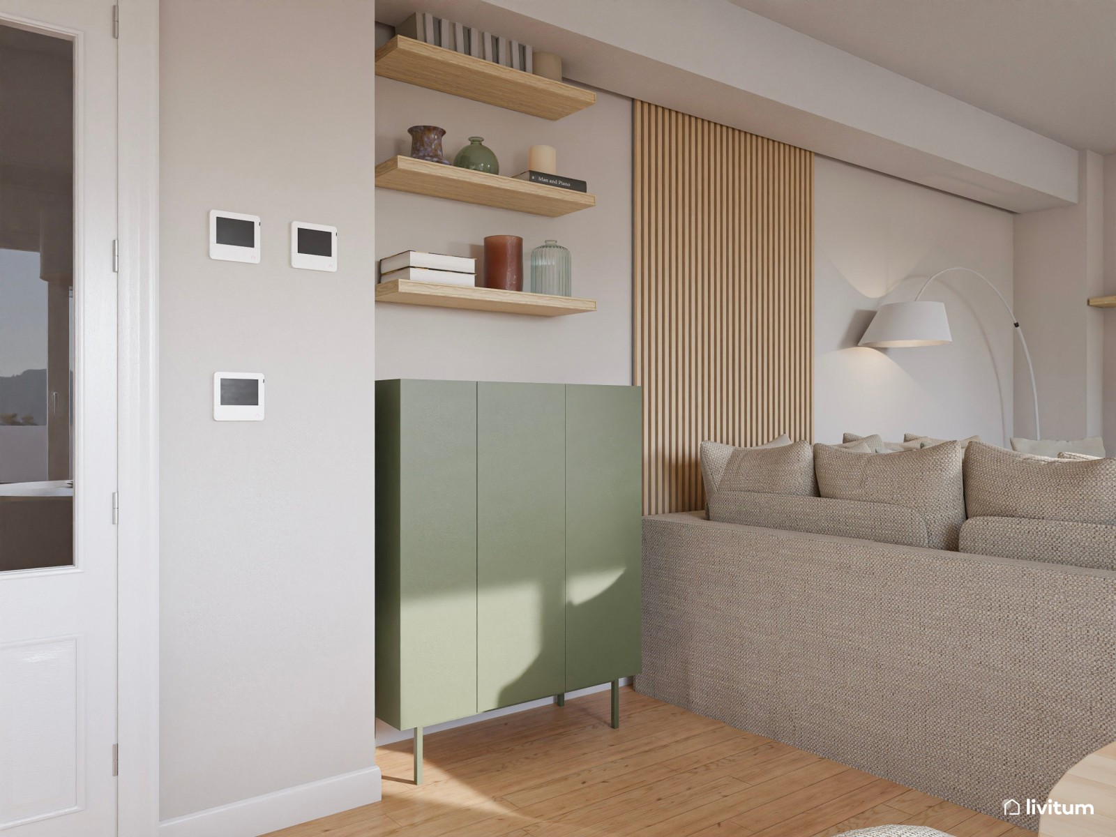 Salón moderno con toques bohemios y piezas en verde salvia