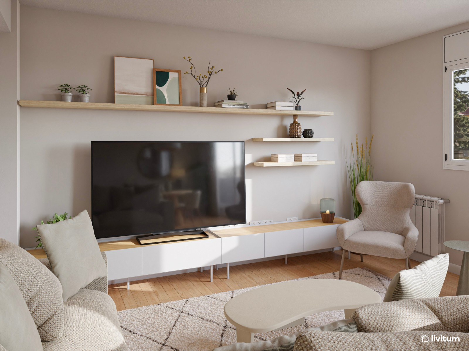 Salón moderno con toques bohemios y piezas en verde salvia