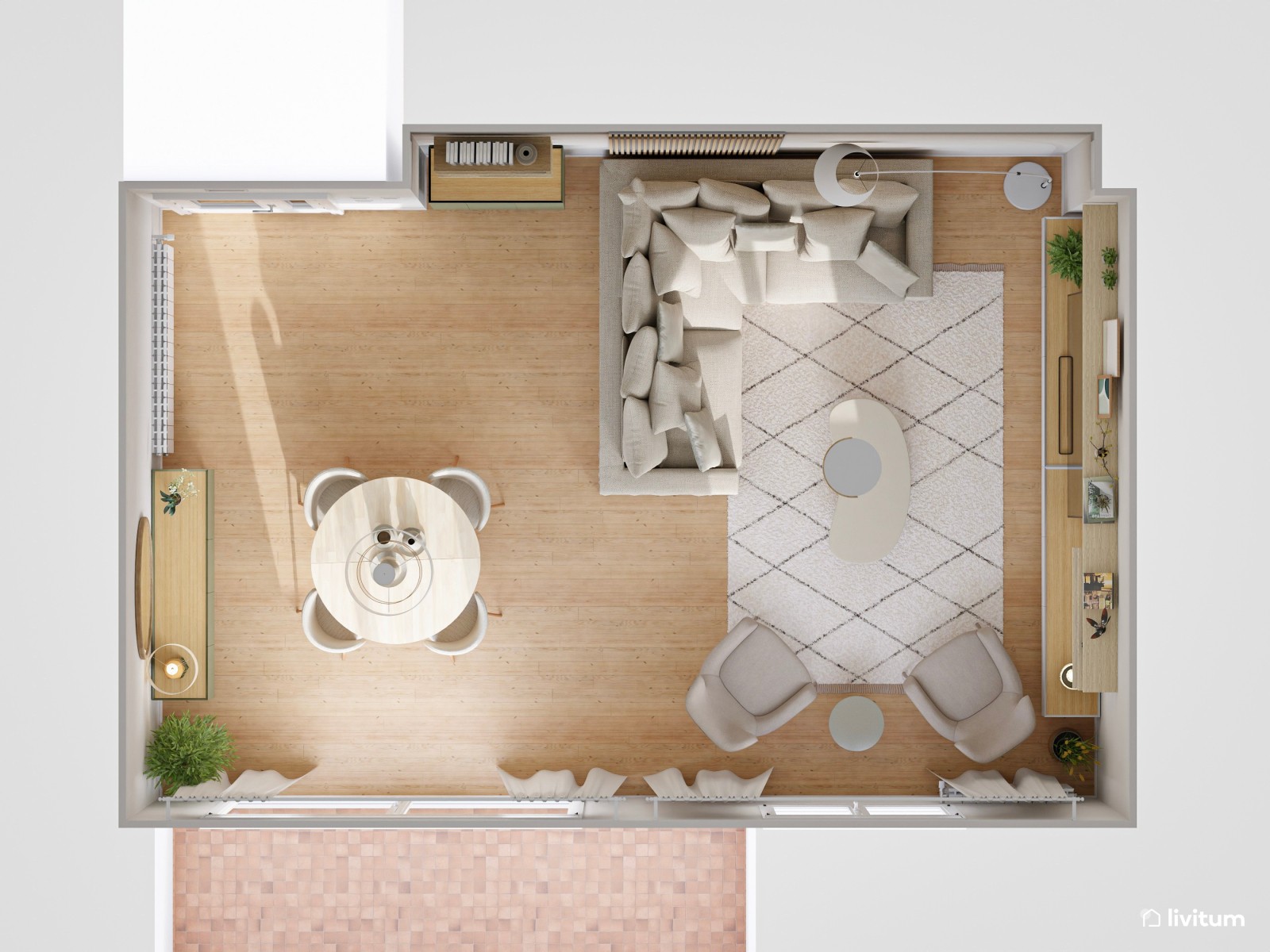 Salón moderno con toques bohemios y piezas en verde salvia