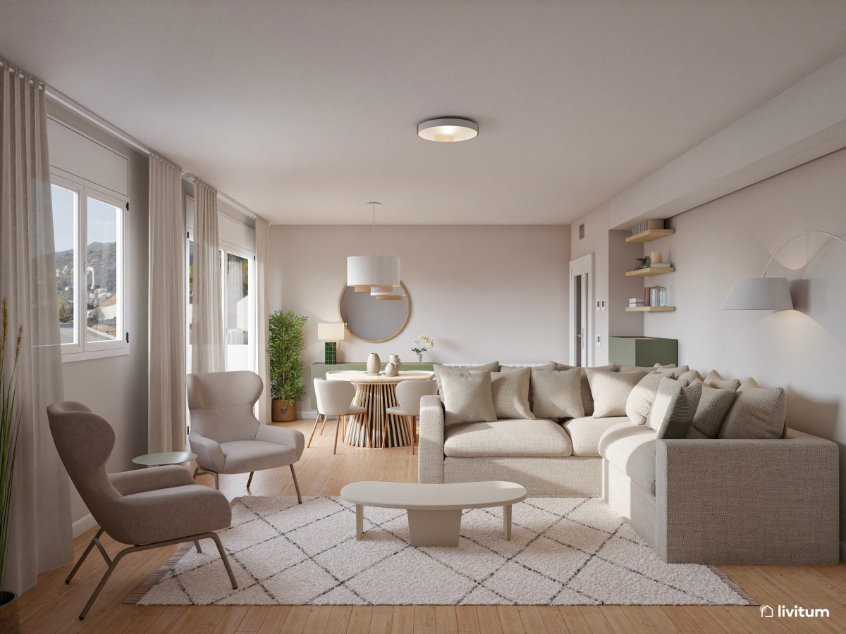 Salón moderno con toques bohemios y piezas en verde salvia