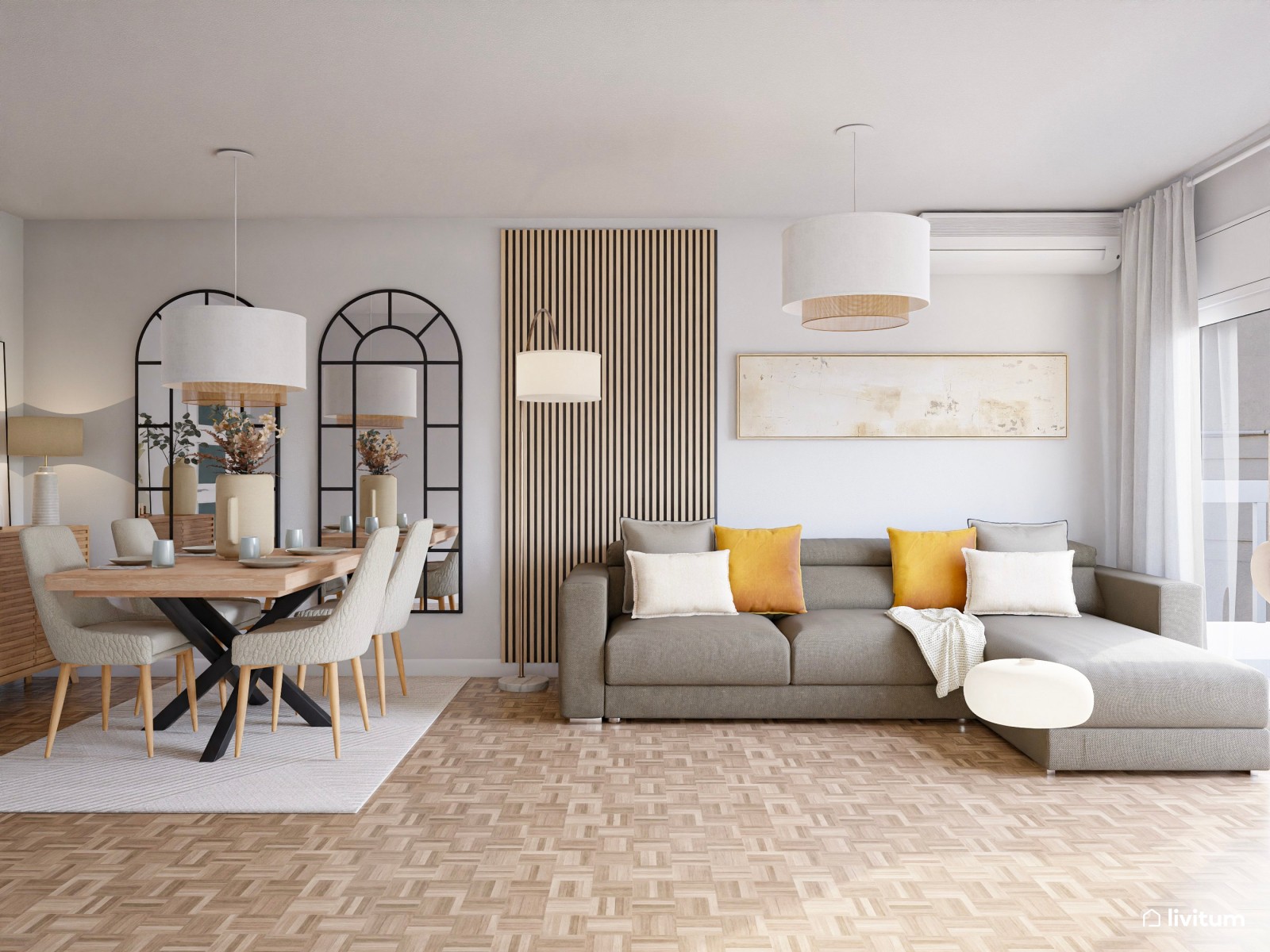Salón moderno con toques boho y gran sofá en gris