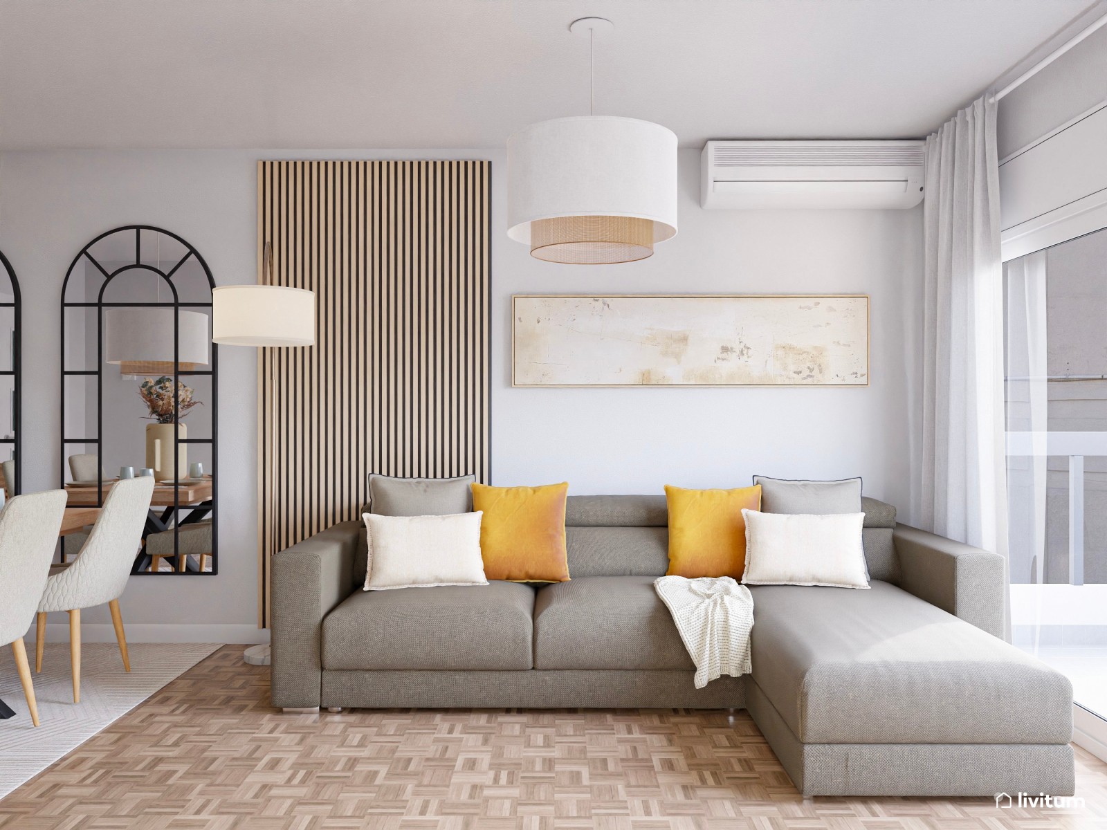 Salón moderno con toques boho y gran sofá en gris