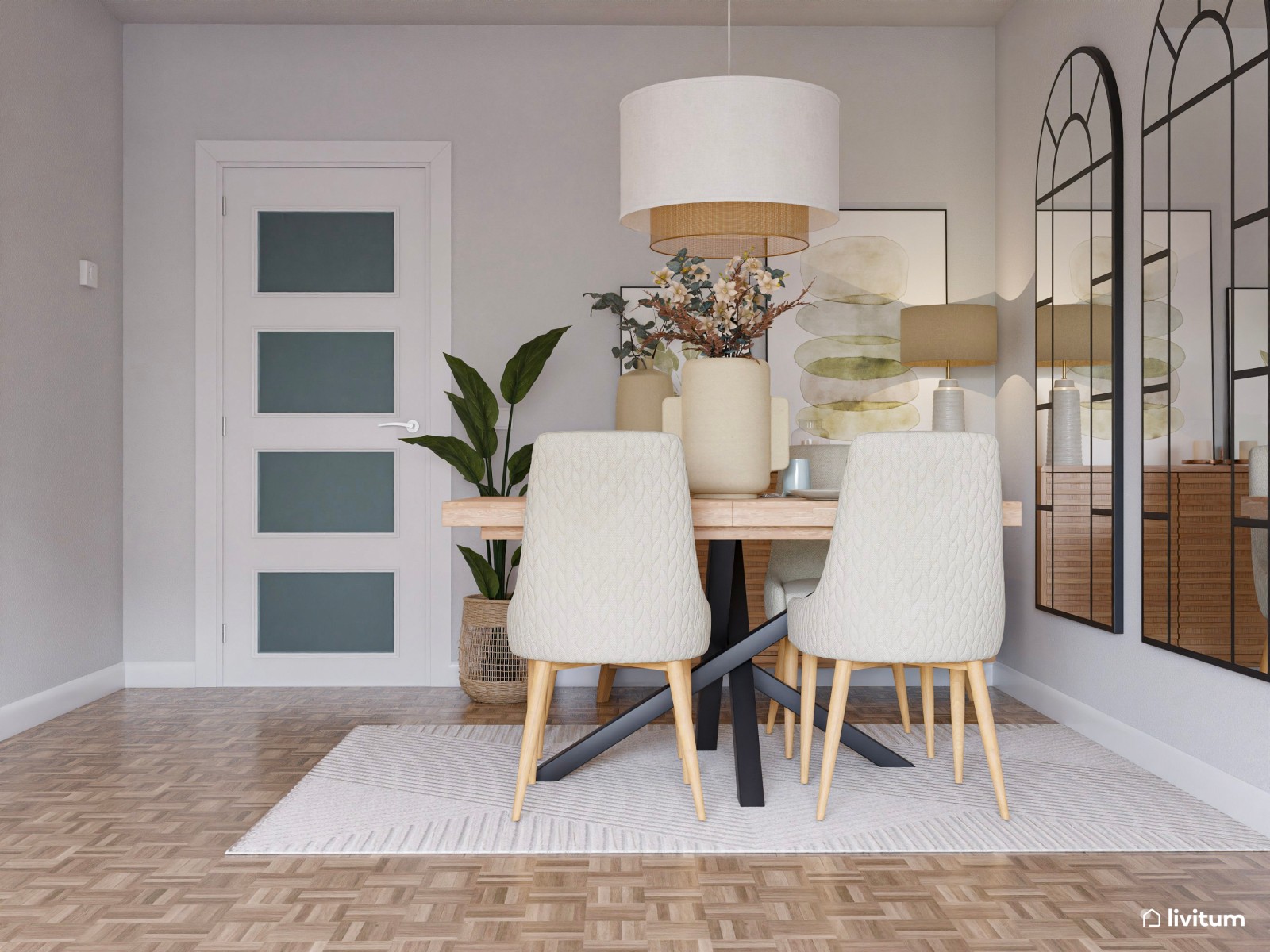 Salón moderno con toques boho y gran sofá en gris