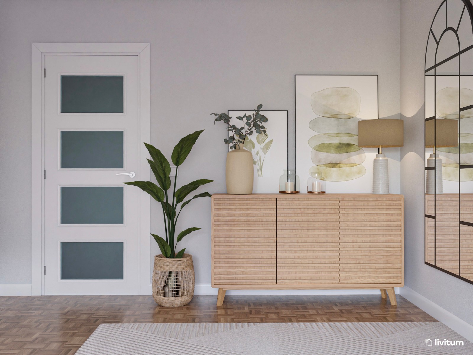 Salón moderno con toques boho y gran sofá en gris
