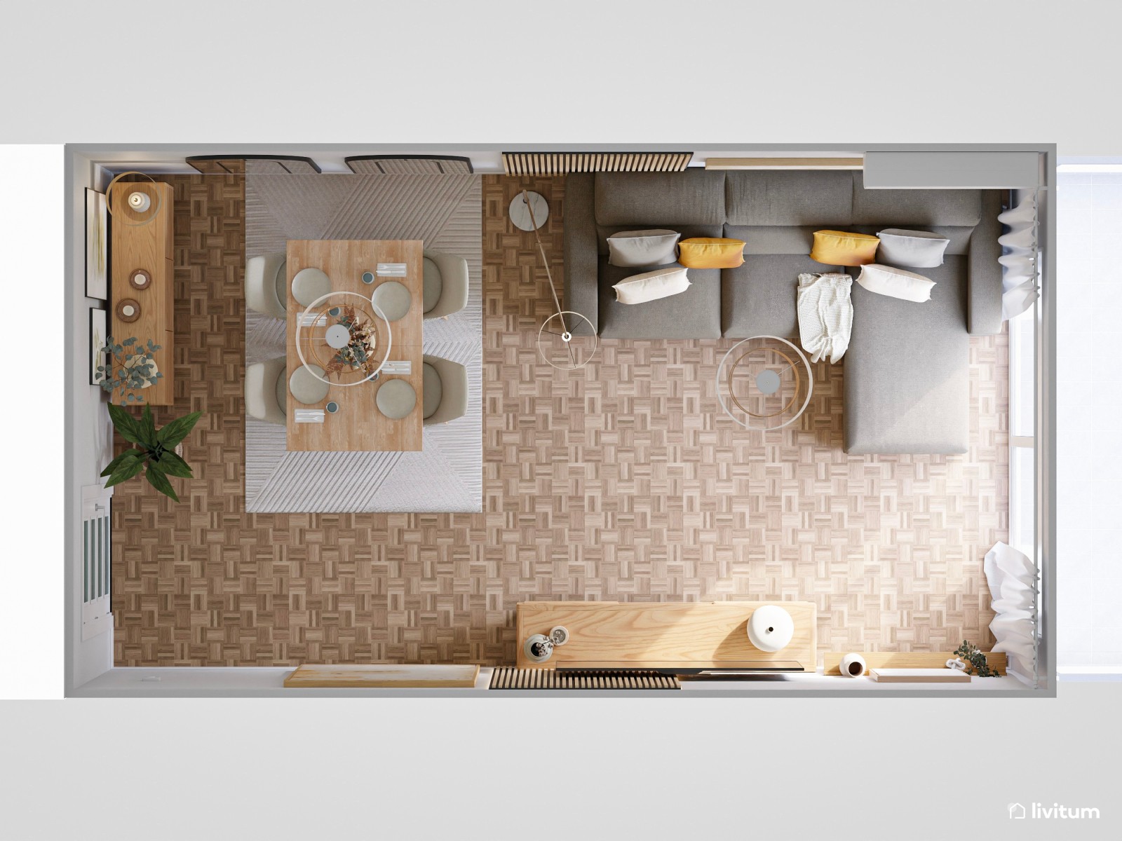 Salón moderno con toques boho y gran sofá en gris