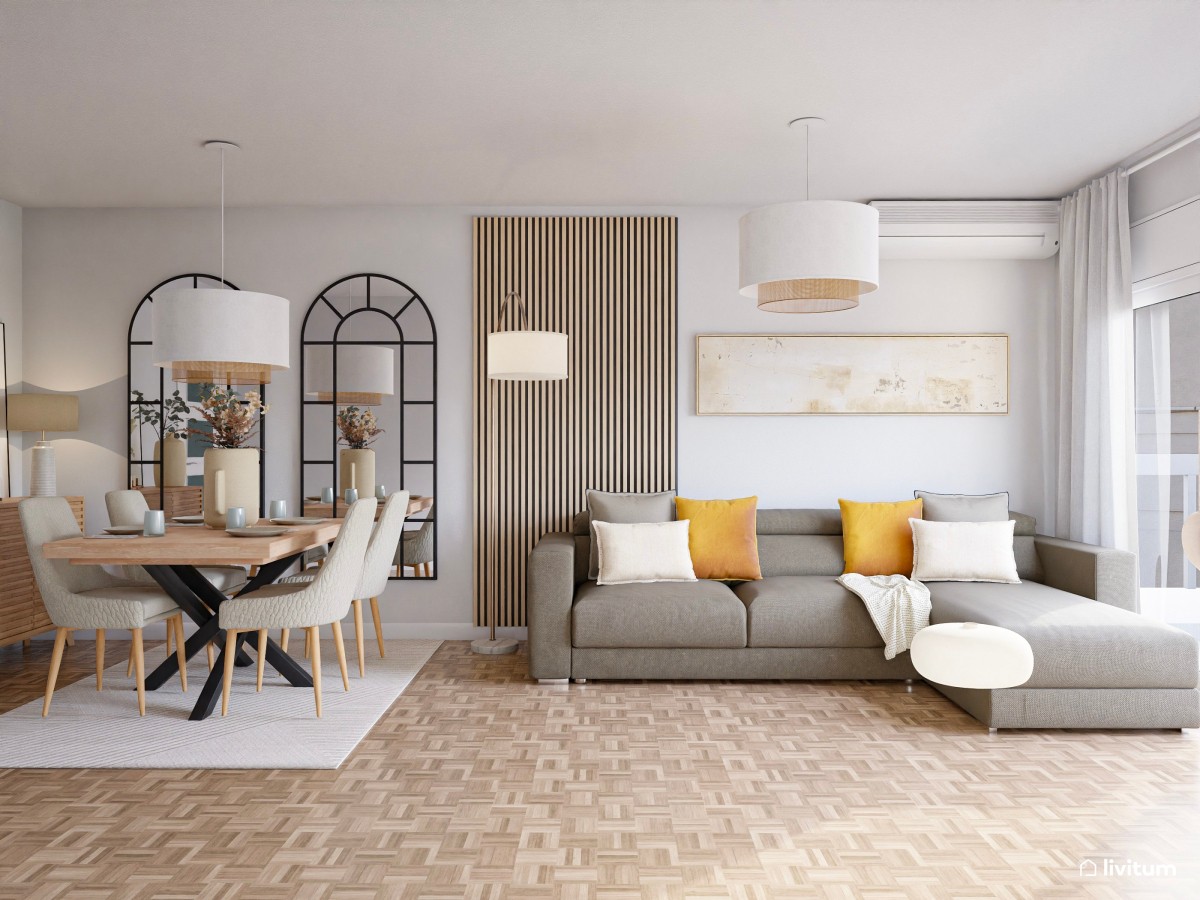 Salón moderno con toques boho y gran sofá en gris