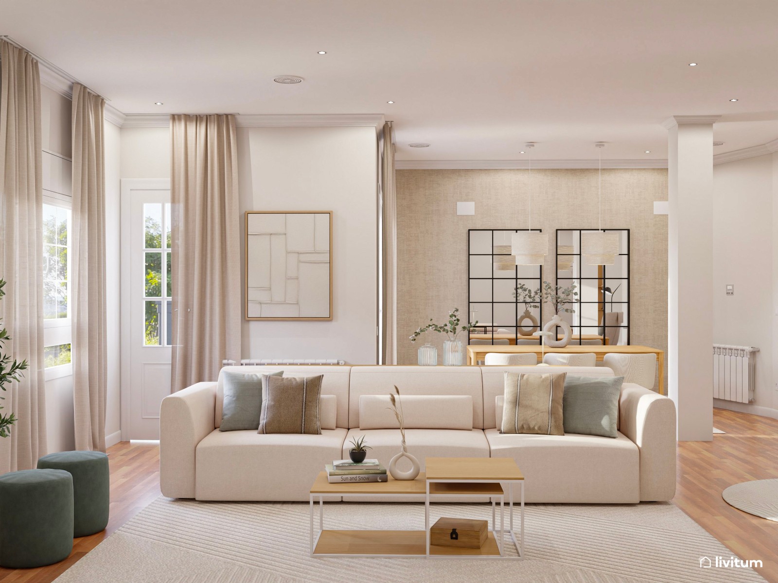 Salón moderno con toques naturales y sofá bajo de cinco plazas