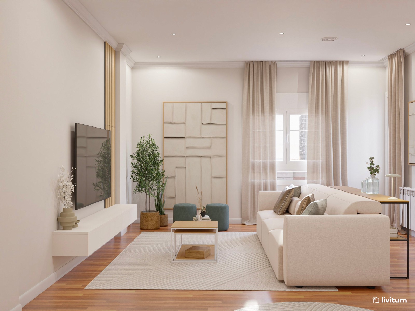 Salón moderno con toques naturales y sofá bajo de cinco plazas