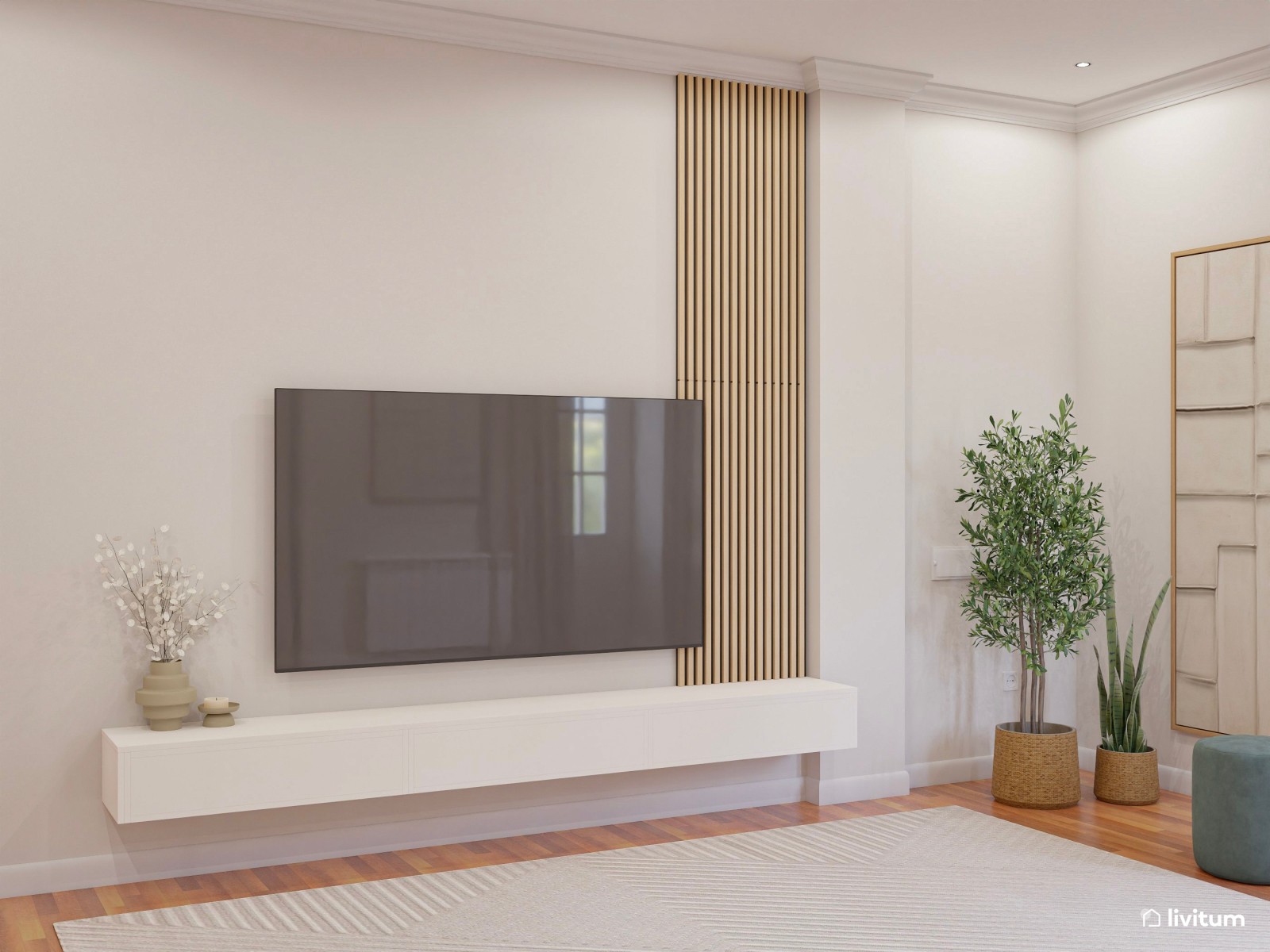 Salón moderno con toques naturales y sofá bajo de cinco plazas