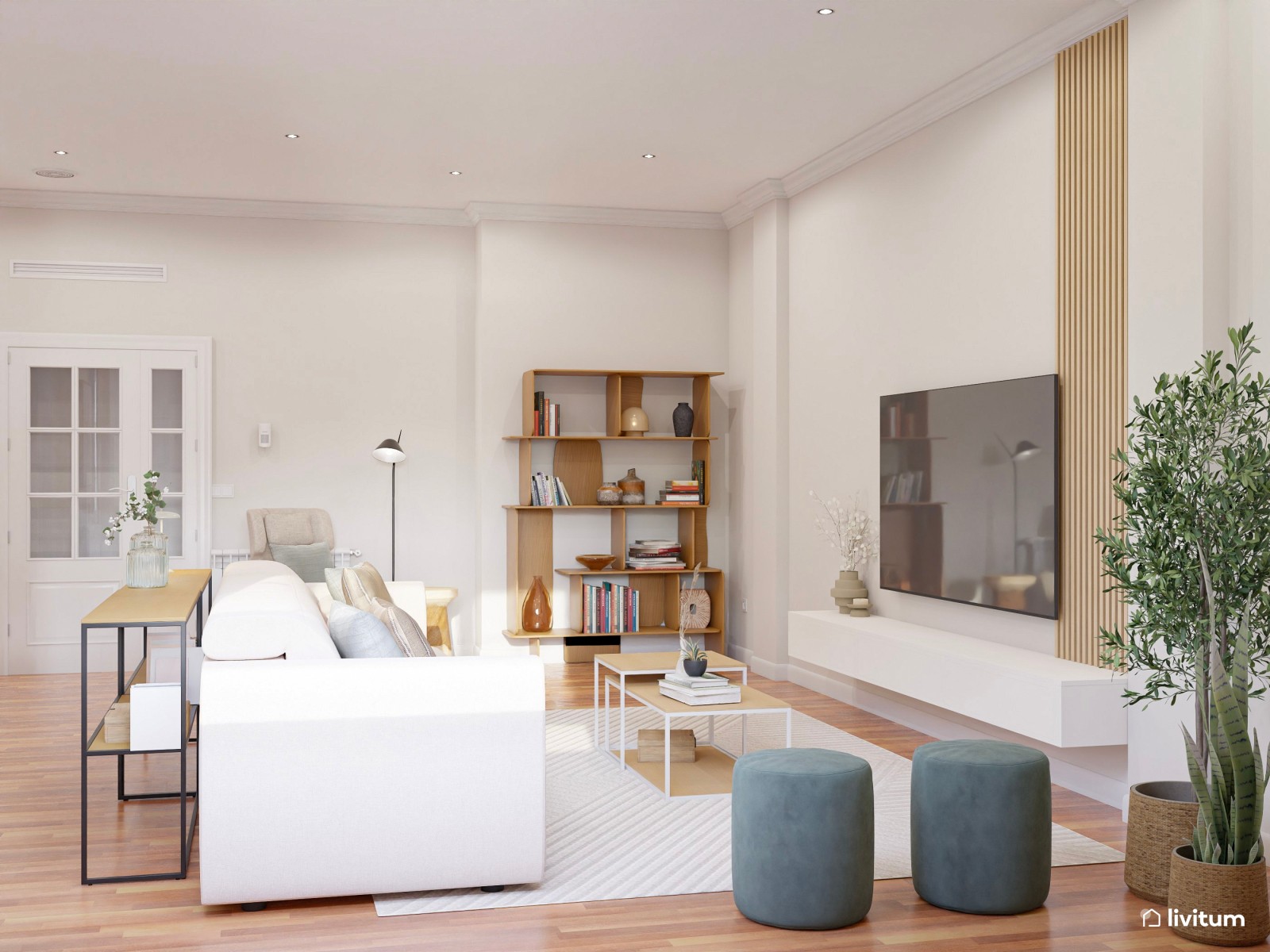 Salón moderno con toques naturales y sofá bajo de cinco plazas