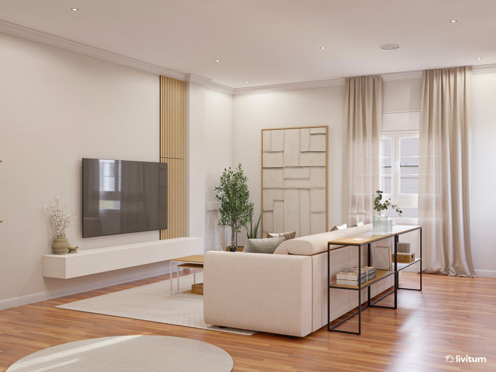 Salón moderno con toques naturales y sofá bajo de cinco plazas