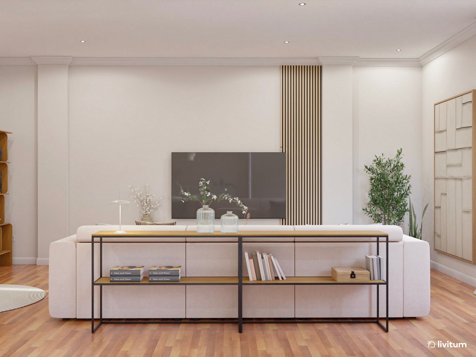 Salón moderno con toques naturales y sofá bajo de cinco plazas