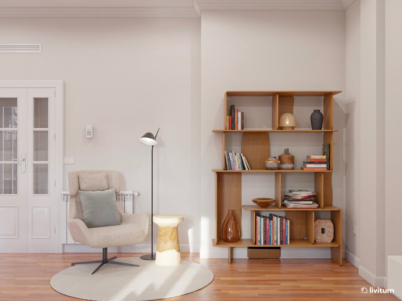 Salón moderno con toques naturales y sofá bajo de cinco plazas