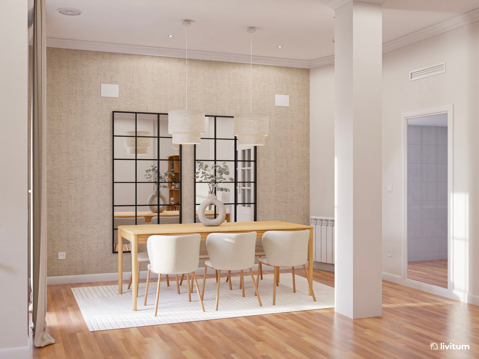 Salón moderno con toques naturales y sofá bajo de cinco plazas