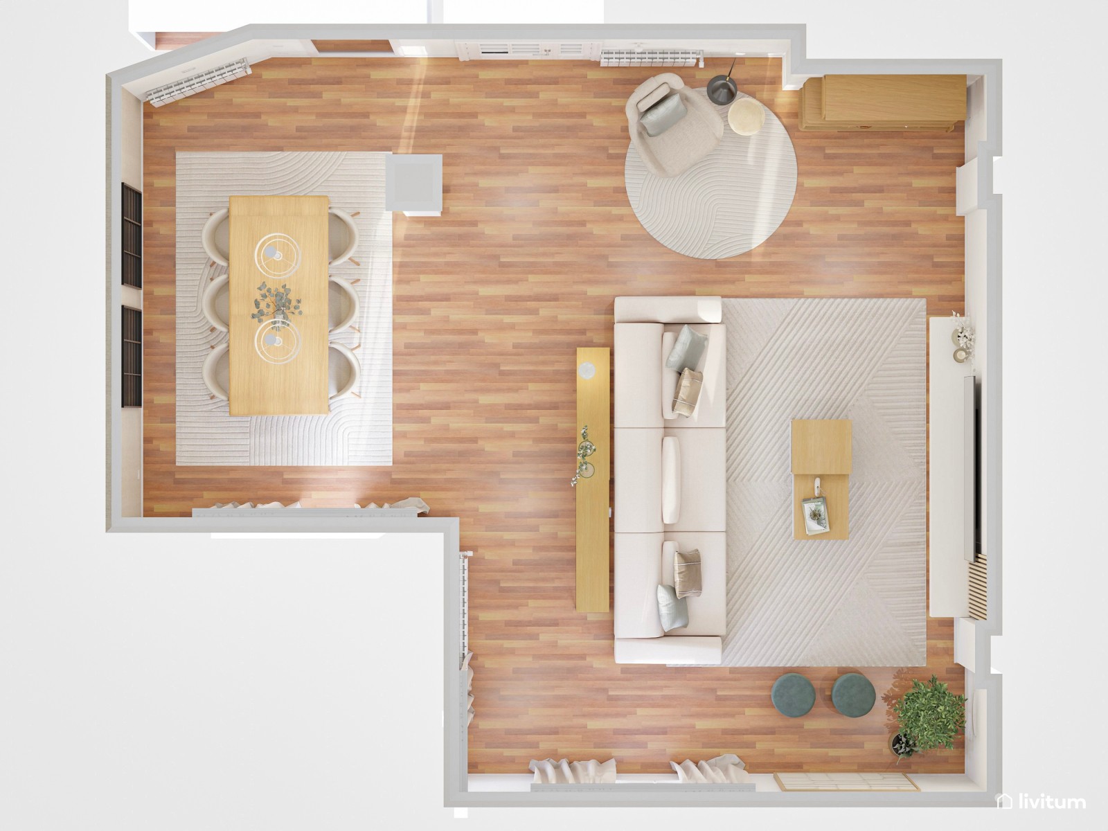 Salón moderno con toques naturales y sofá bajo de cinco plazas