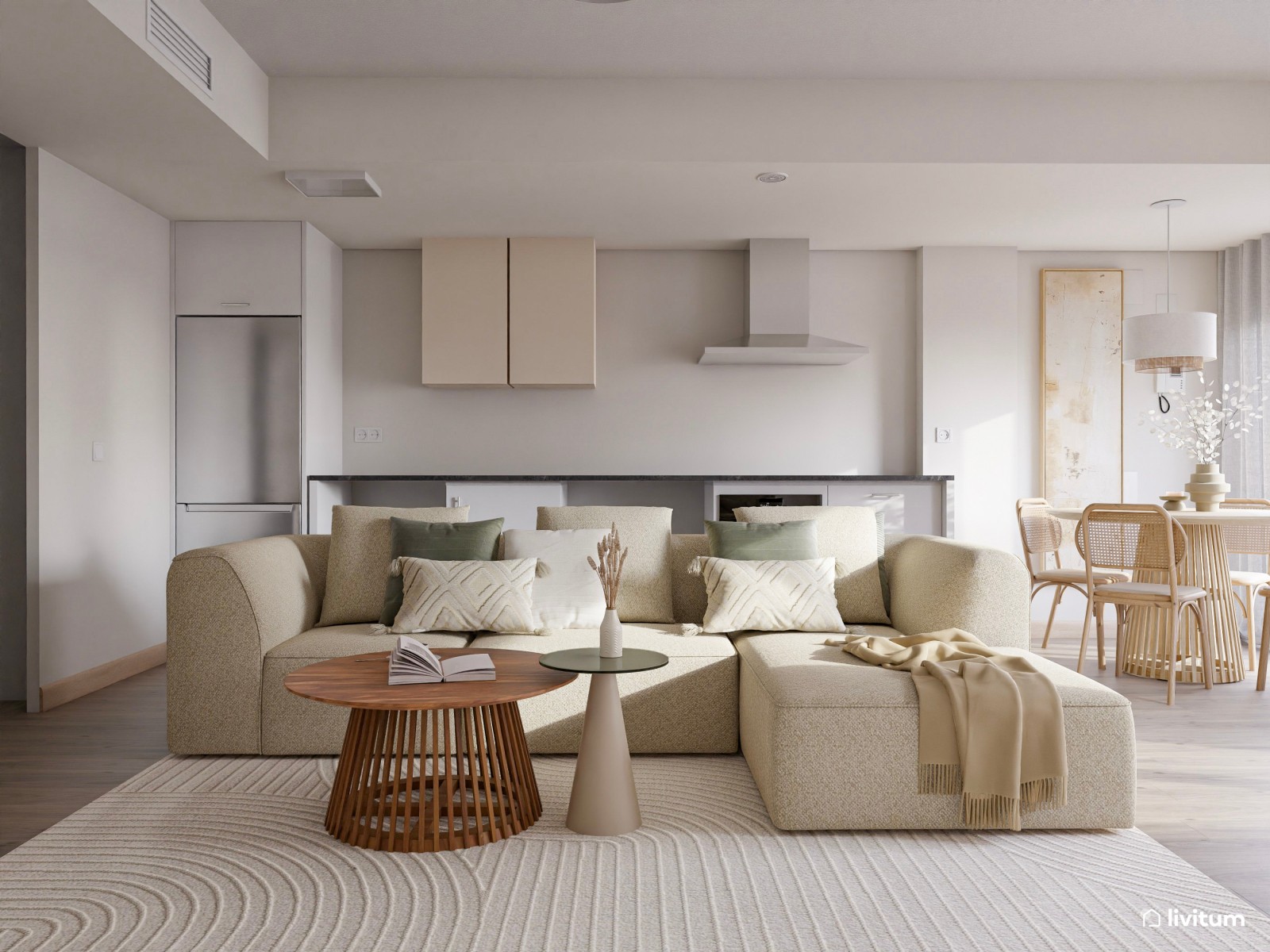 Salón moderno con toques nórdicos diseñado con muebles claros