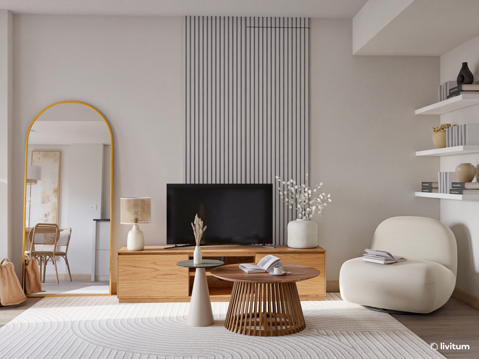 Salón moderno con toques nórdicos diseñado con muebles claros