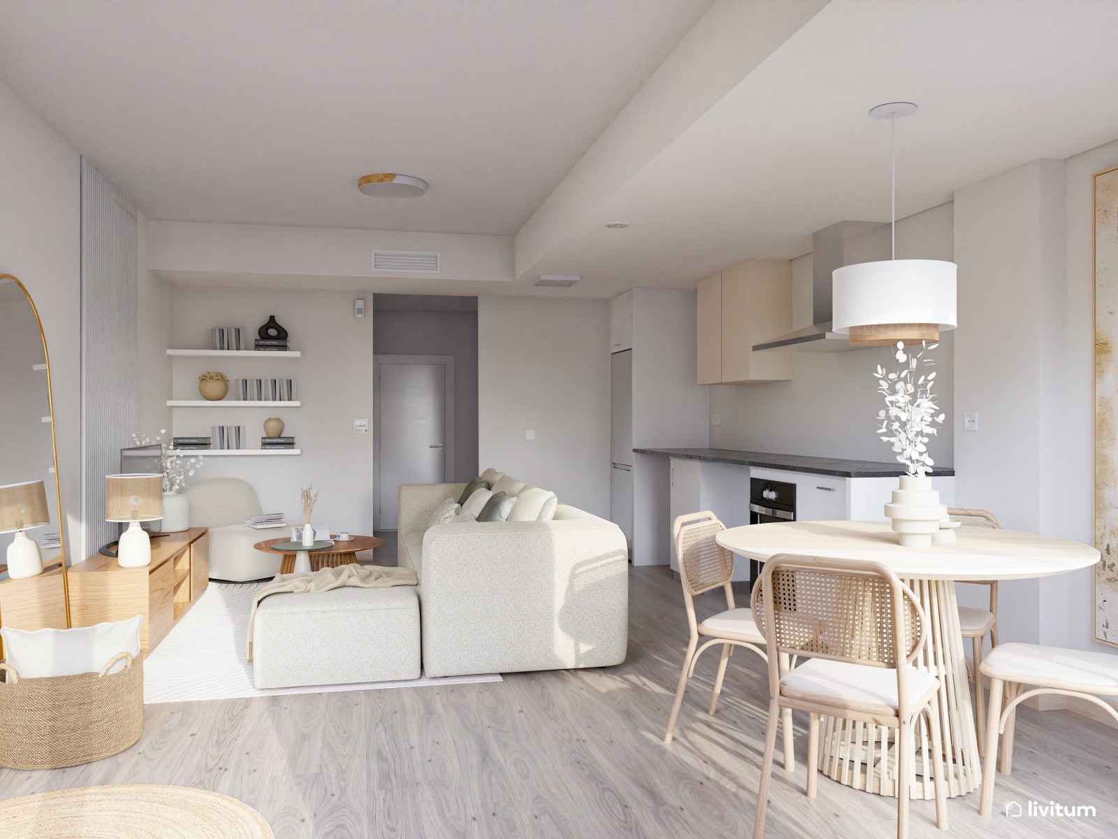 Salón moderno con toques nórdicos diseñado con muebles claros