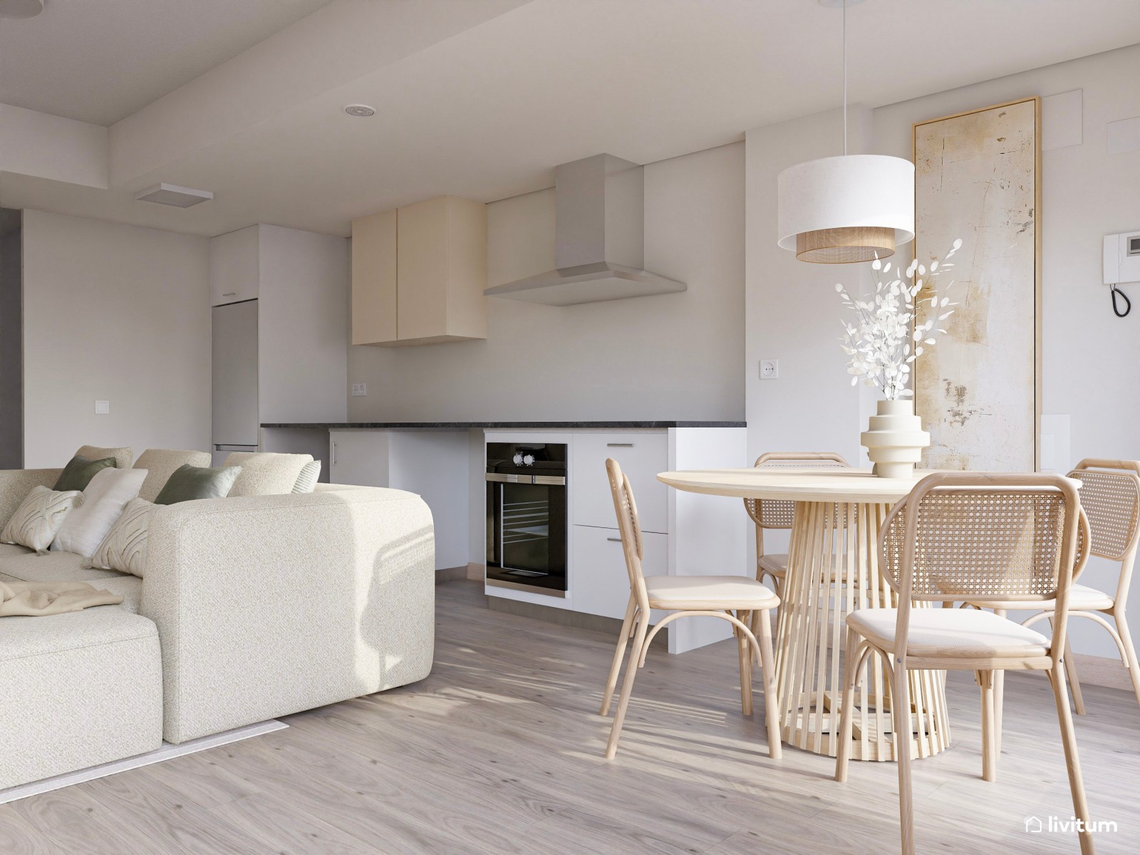 Salón moderno con toques nórdicos diseñado con muebles claros