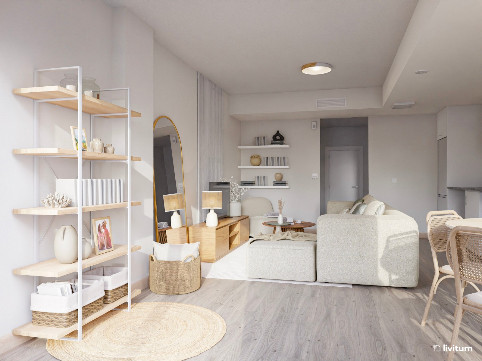 Salón moderno con toques nórdicos diseñado con muebles claros