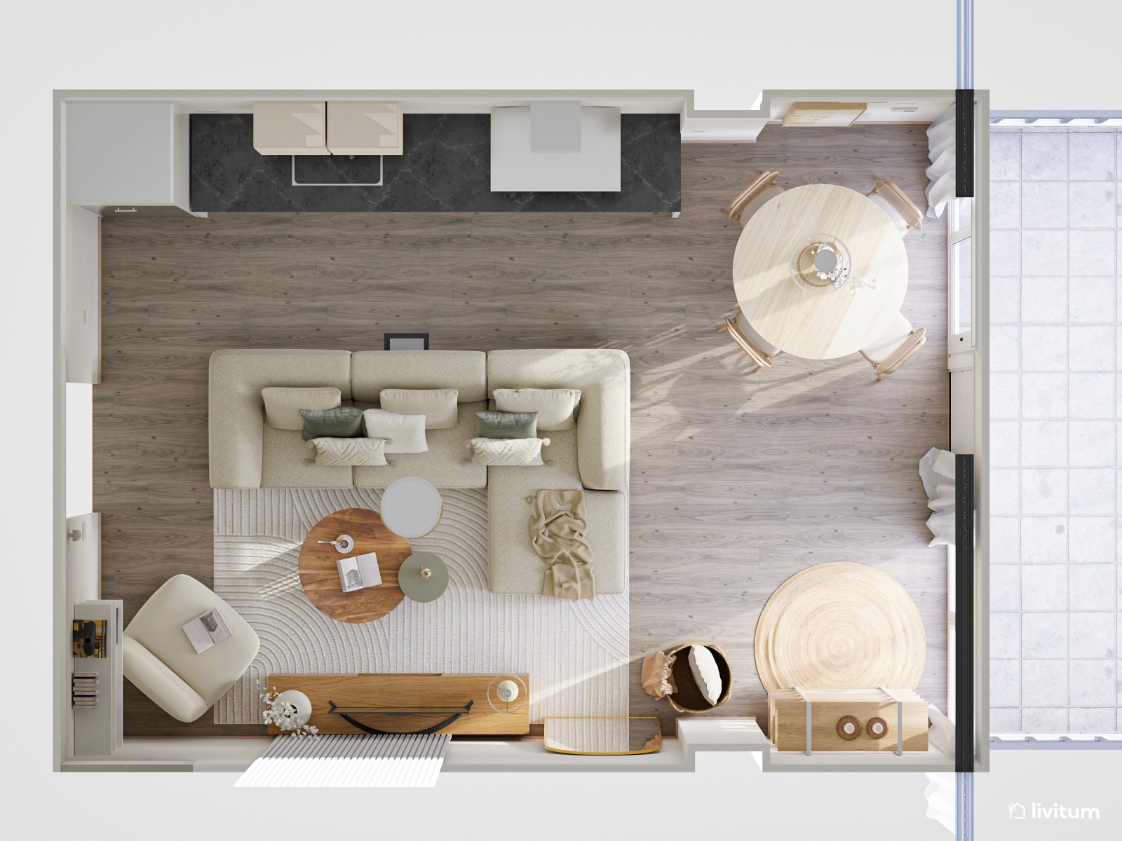 Salón moderno con toques nórdicos diseñado con muebles claros