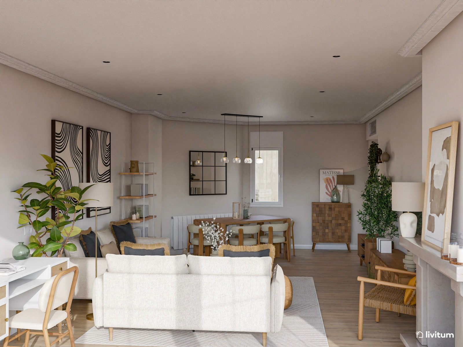 Salón moderno de aire industrial con decoración en gris, blanco y negro 