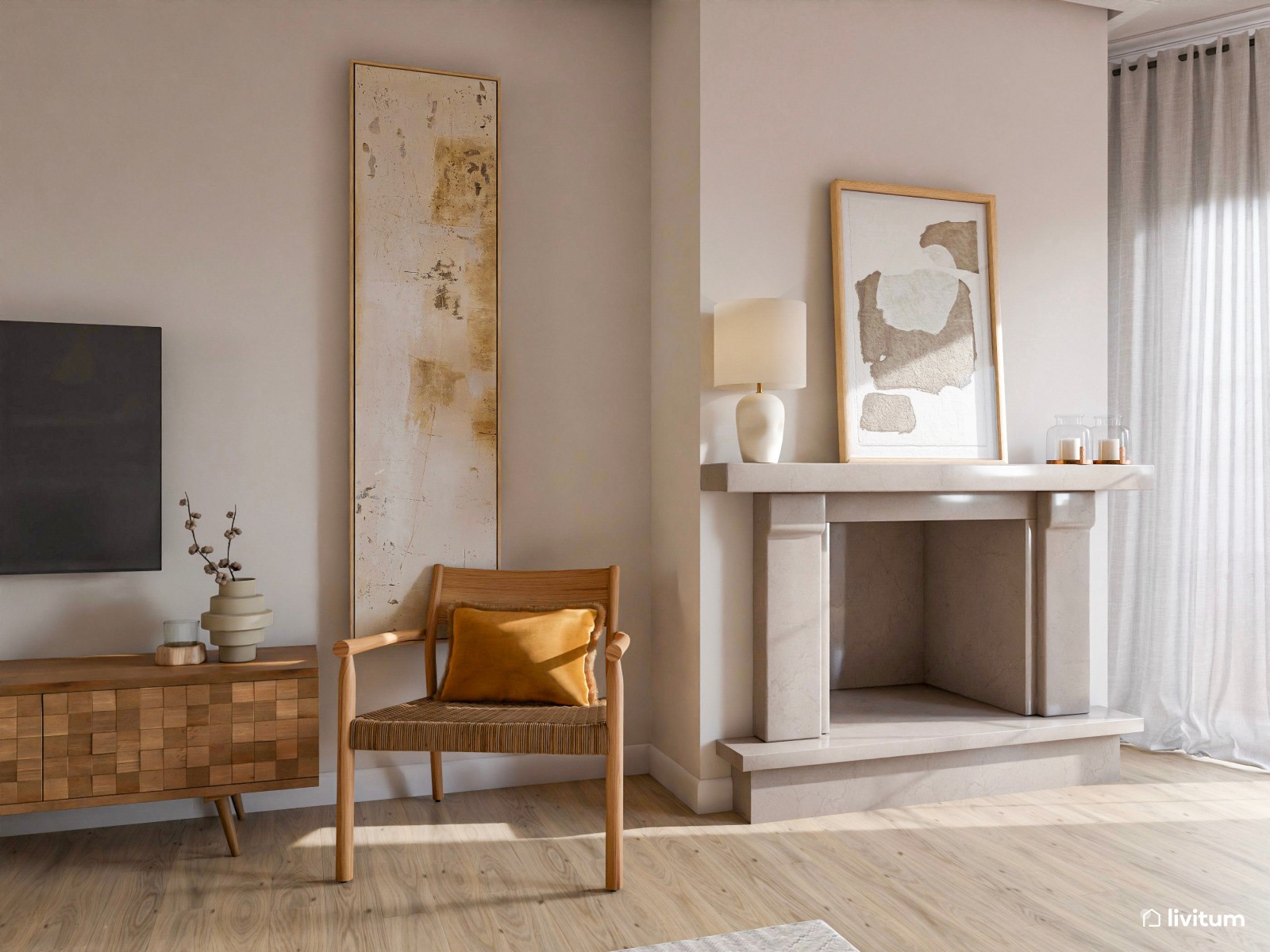 Salón moderno de aire industrial con decoración en gris, blanco y negro 