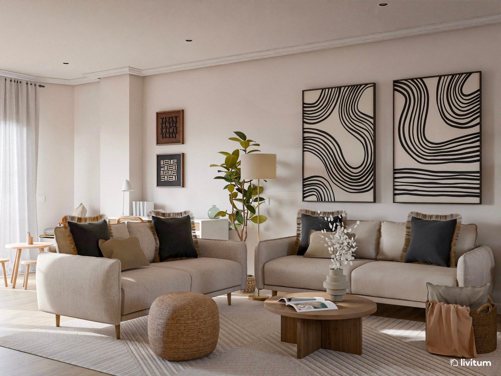 Salón moderno de aire industrial con decoración en gris, blanco y negro 