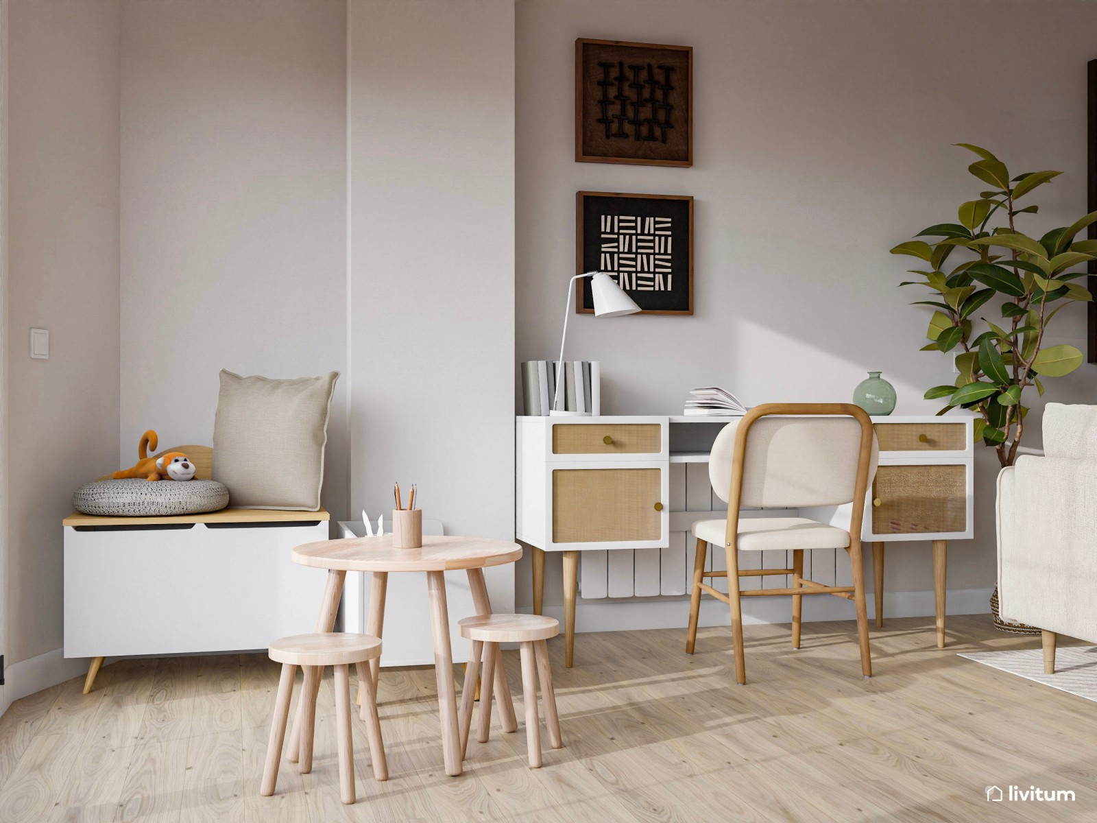 Salón moderno de aire industrial con decoración en gris, blanco y negro 