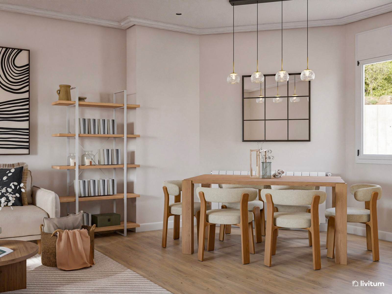 Salón moderno de aire industrial con decoración en gris, blanco y negro 