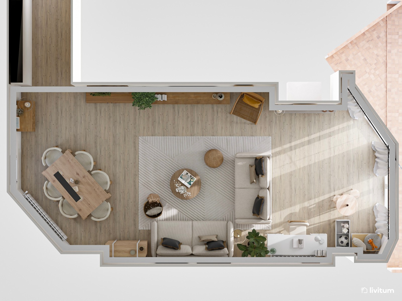 Salón moderno de aire industrial con decoración en gris, blanco y negro 