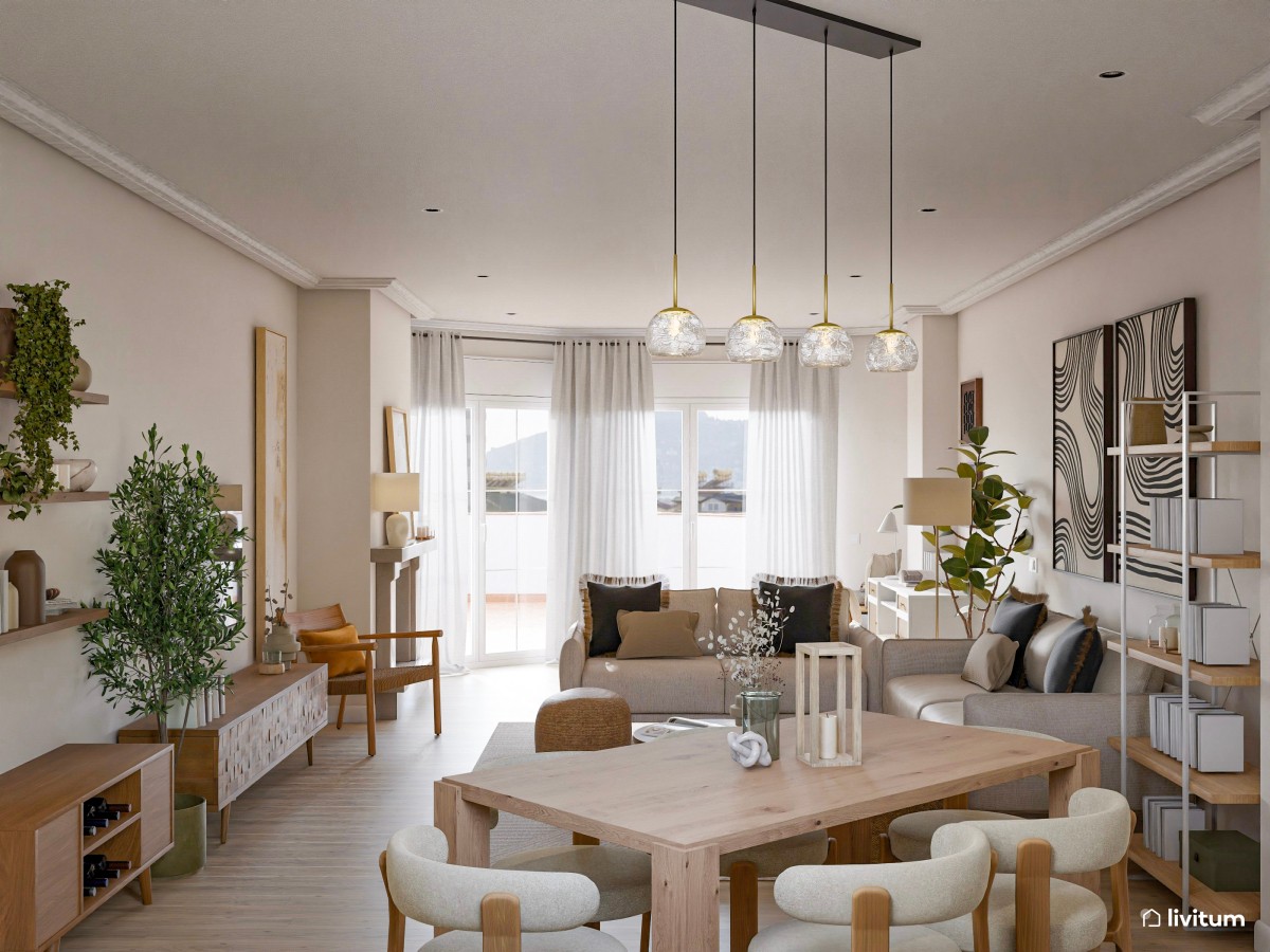 Salón moderno de aire industrial con decoración en gris, blanco y negro