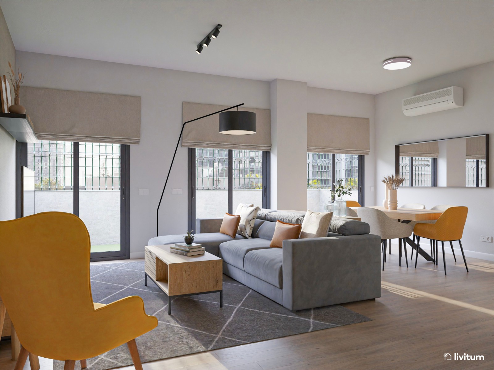 Salón moderno de líneas limpias y toques de mostaza