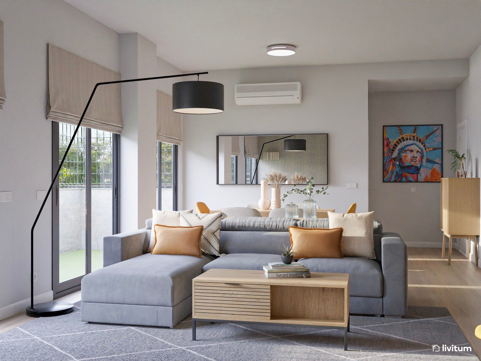 Salón moderno de líneas limpias y toques de mostaza