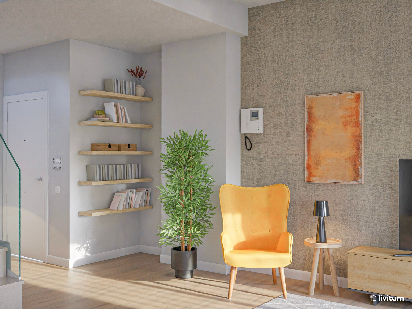 Salón moderno de líneas limpias y toques de mostaza