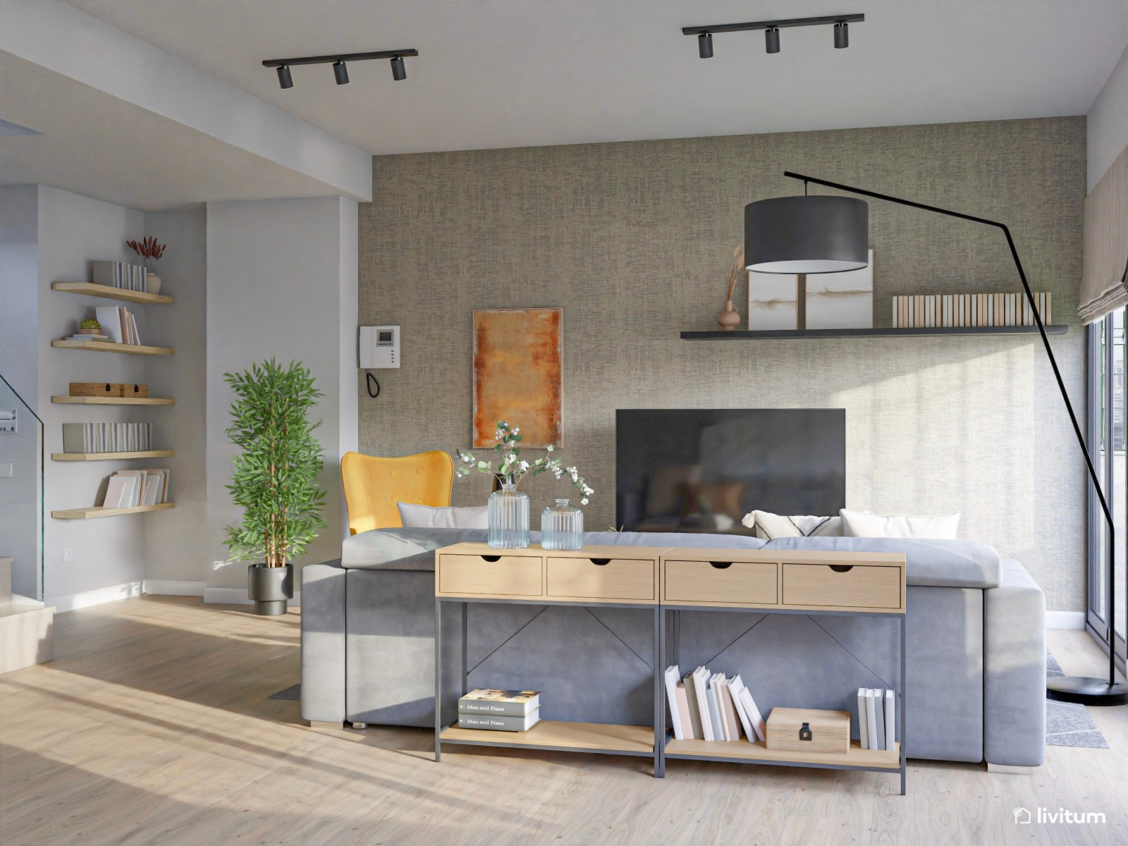 Salón moderno de líneas limpias y toques de mostaza