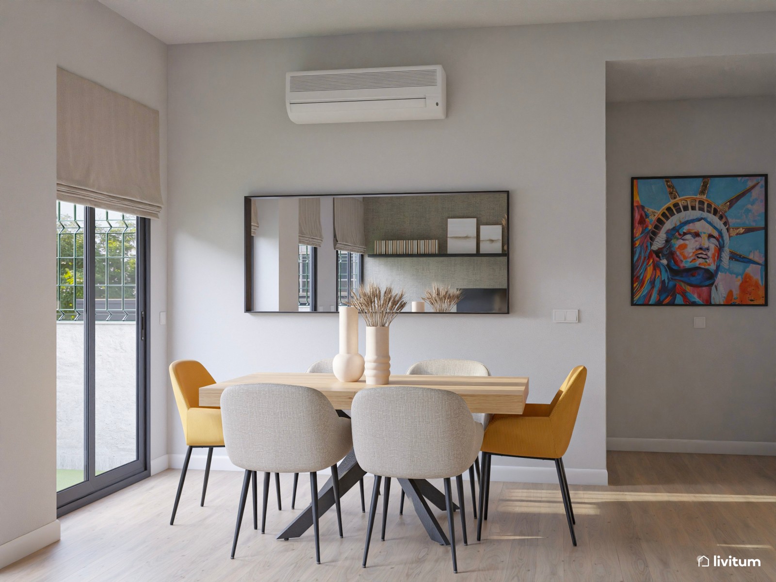 Salón moderno de líneas limpias y toques de mostaza