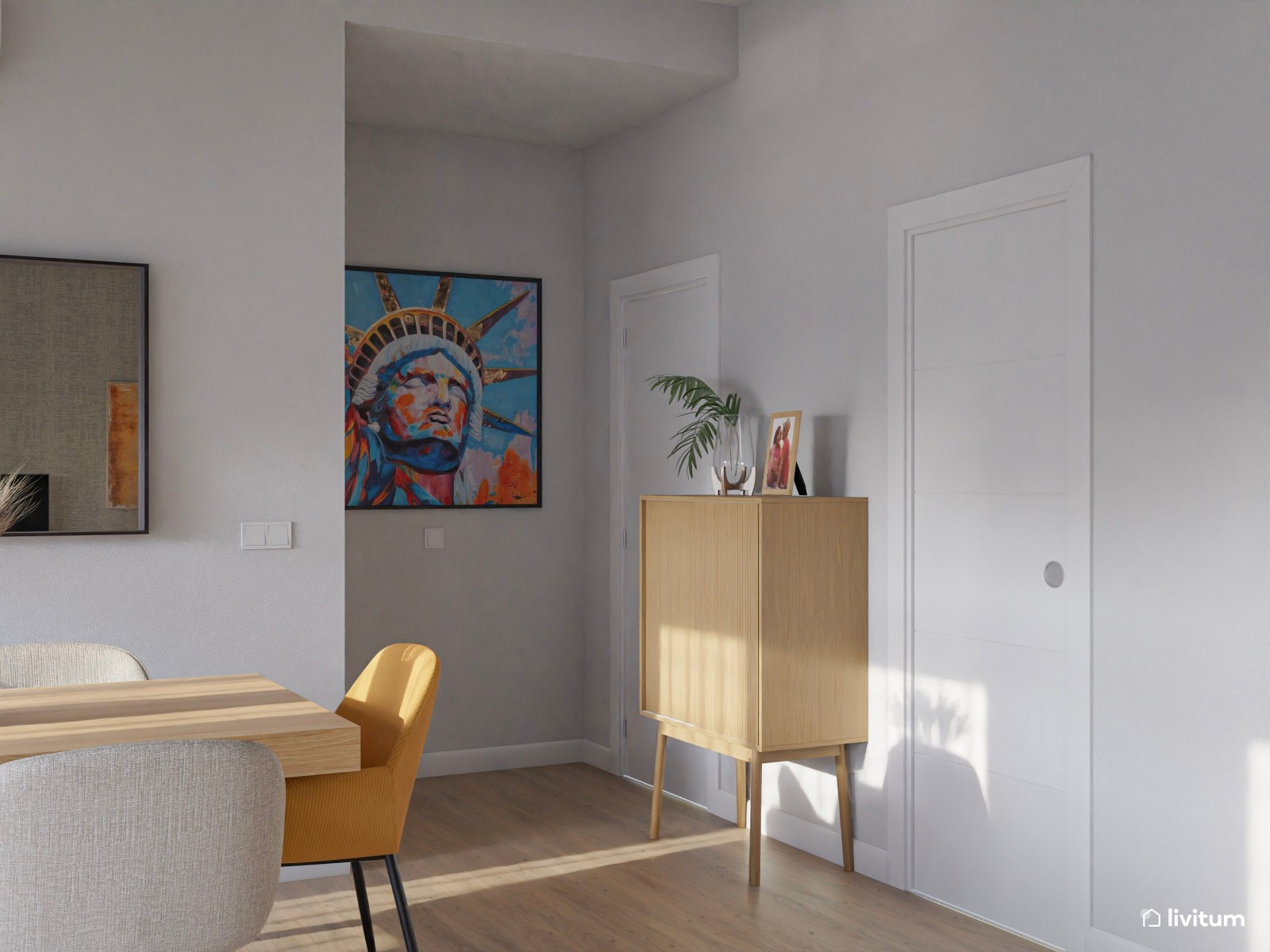 Salón moderno de líneas limpias y toques de mostaza