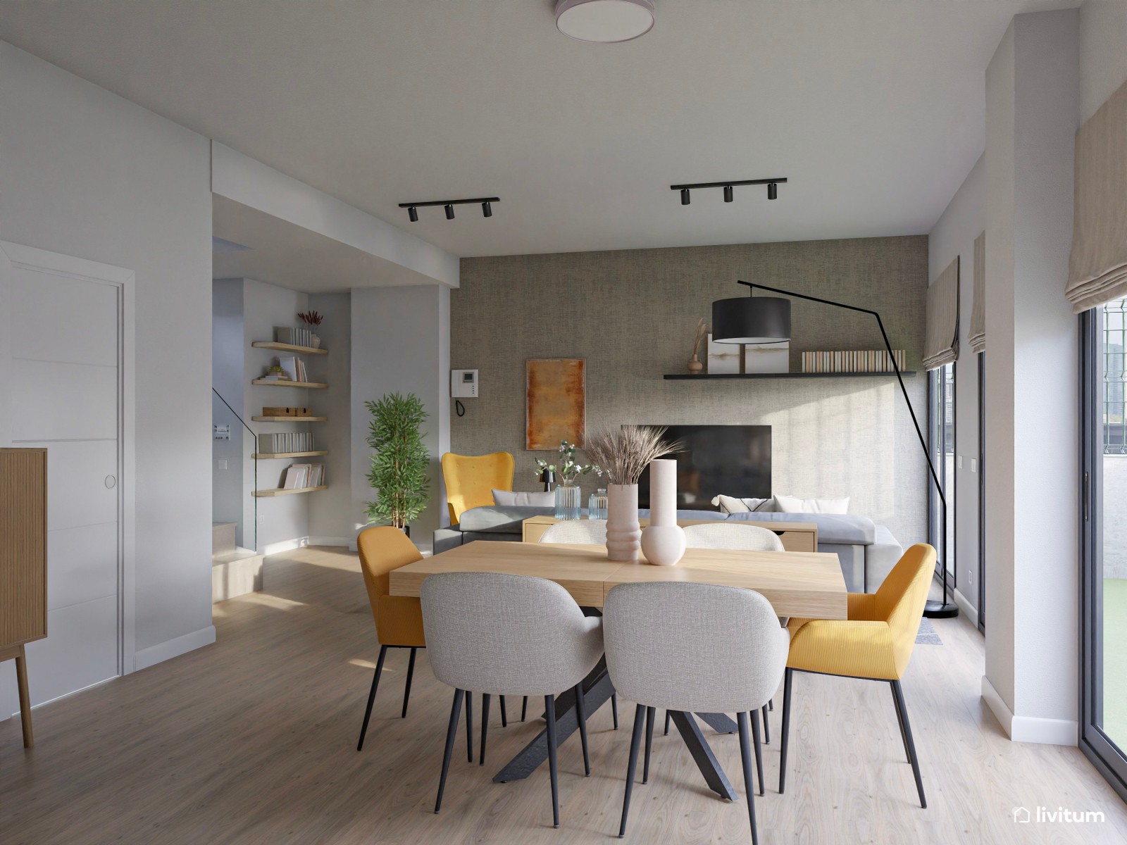 Salón moderno de líneas limpias y toques de mostaza