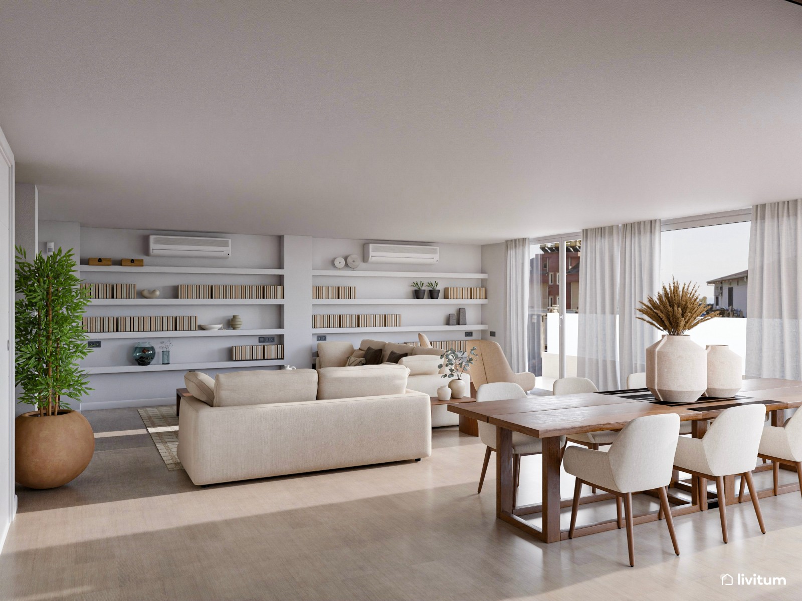 Salón moderno decorado en tonos claros con comedor de madera oscura