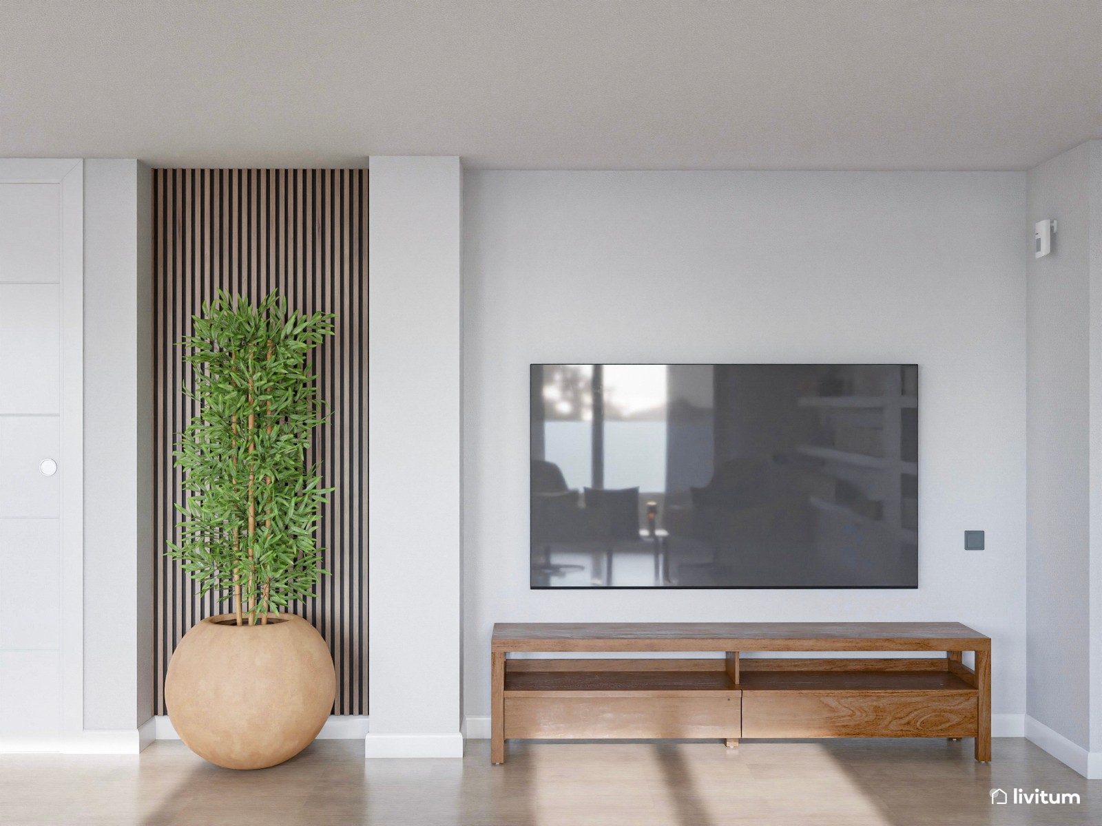 Salón moderno decorado en tonos claros con comedor de madera oscura
