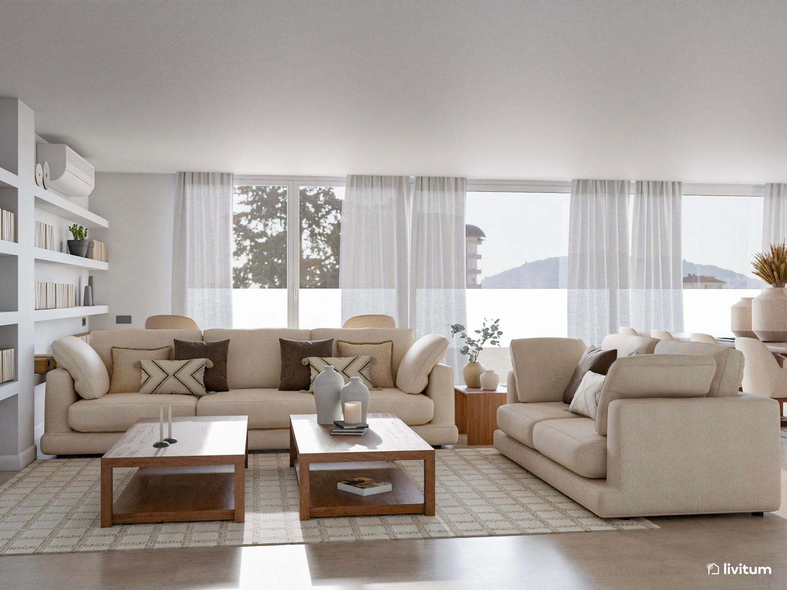 Salón moderno decorado en tonos claros con comedor de madera oscura